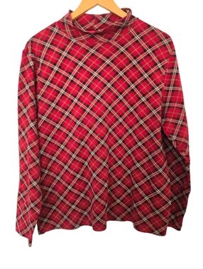 Red Plaid Mock Neck Top XL Cozy Christmas Holiday Shirt Long Sleeve